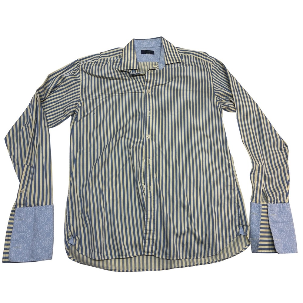 Ted Baker London Archive Mens sz 17 Yellow Blue Striped French Cuff Cotton Shirt